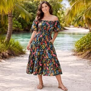 Cara Cara SZ M Mimi Dress Floral Garden Black NWOT